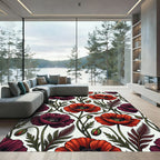 Rich Burgundy Red Poppy Floral Rug