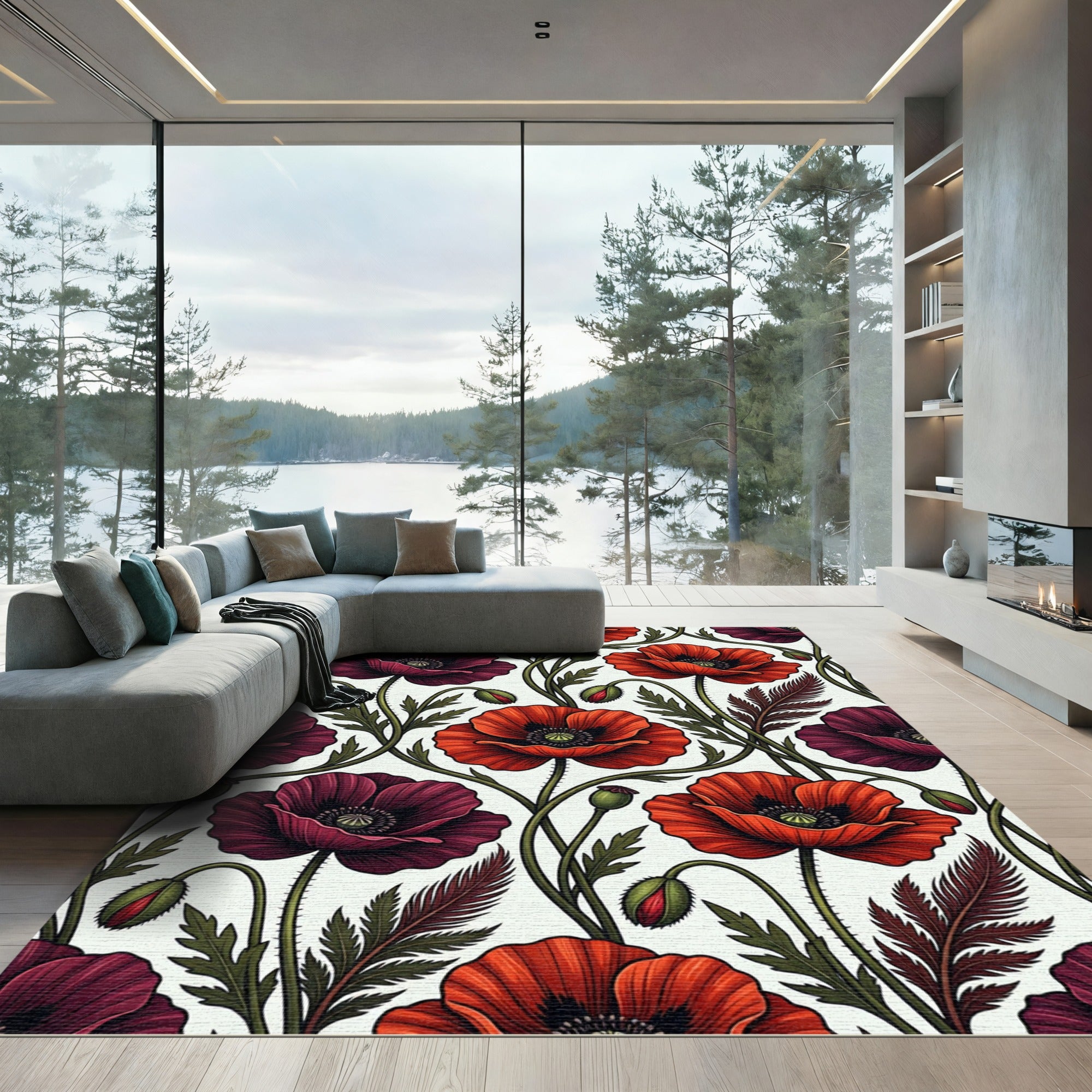 Rich Burgundy Red Poppy Floral Rug