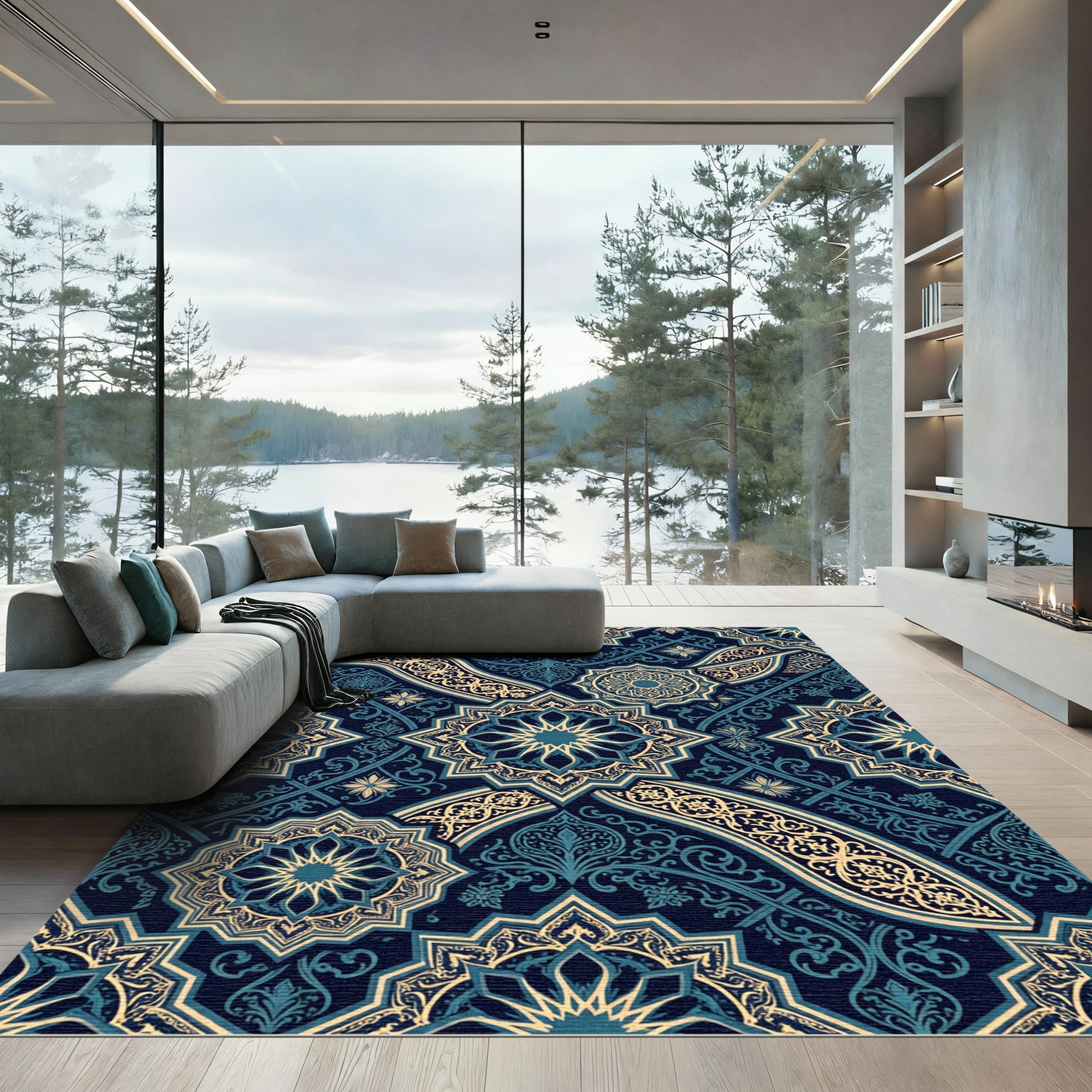 Intricate Navy Gold Starry Medallion Rug