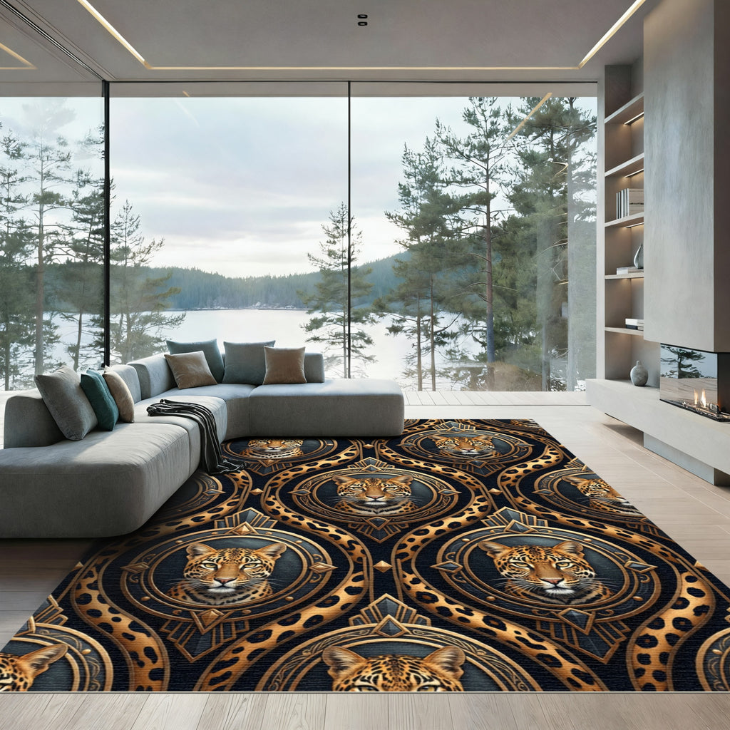 Majestic Leopard Gold Circle Emblem Rug