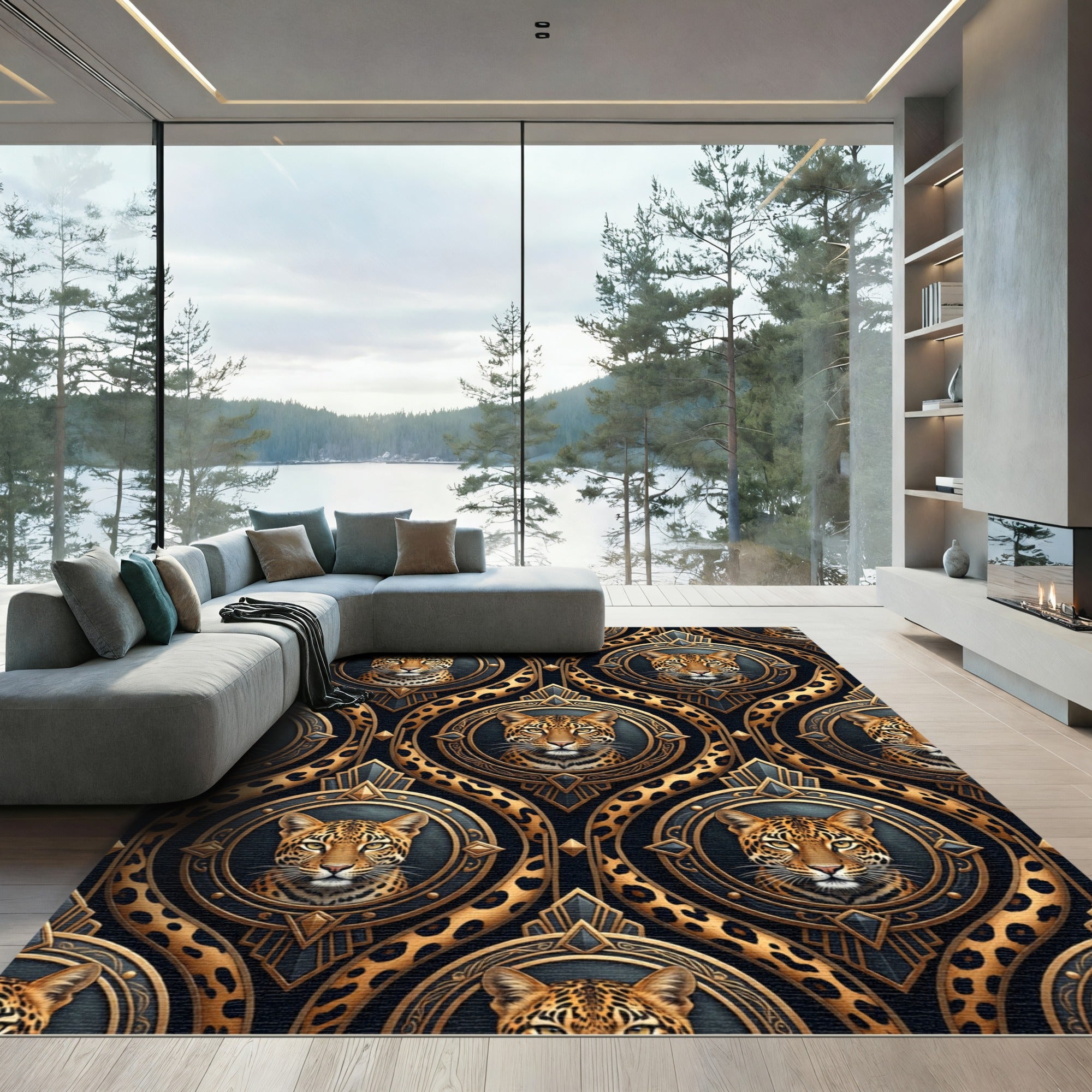 Majestic Leopard Gold Circle Emblem Rug