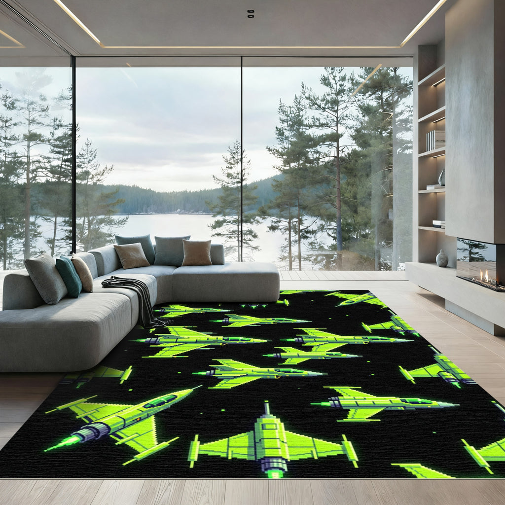 Neon Green Pixel Art Spaceship Fleet Rug