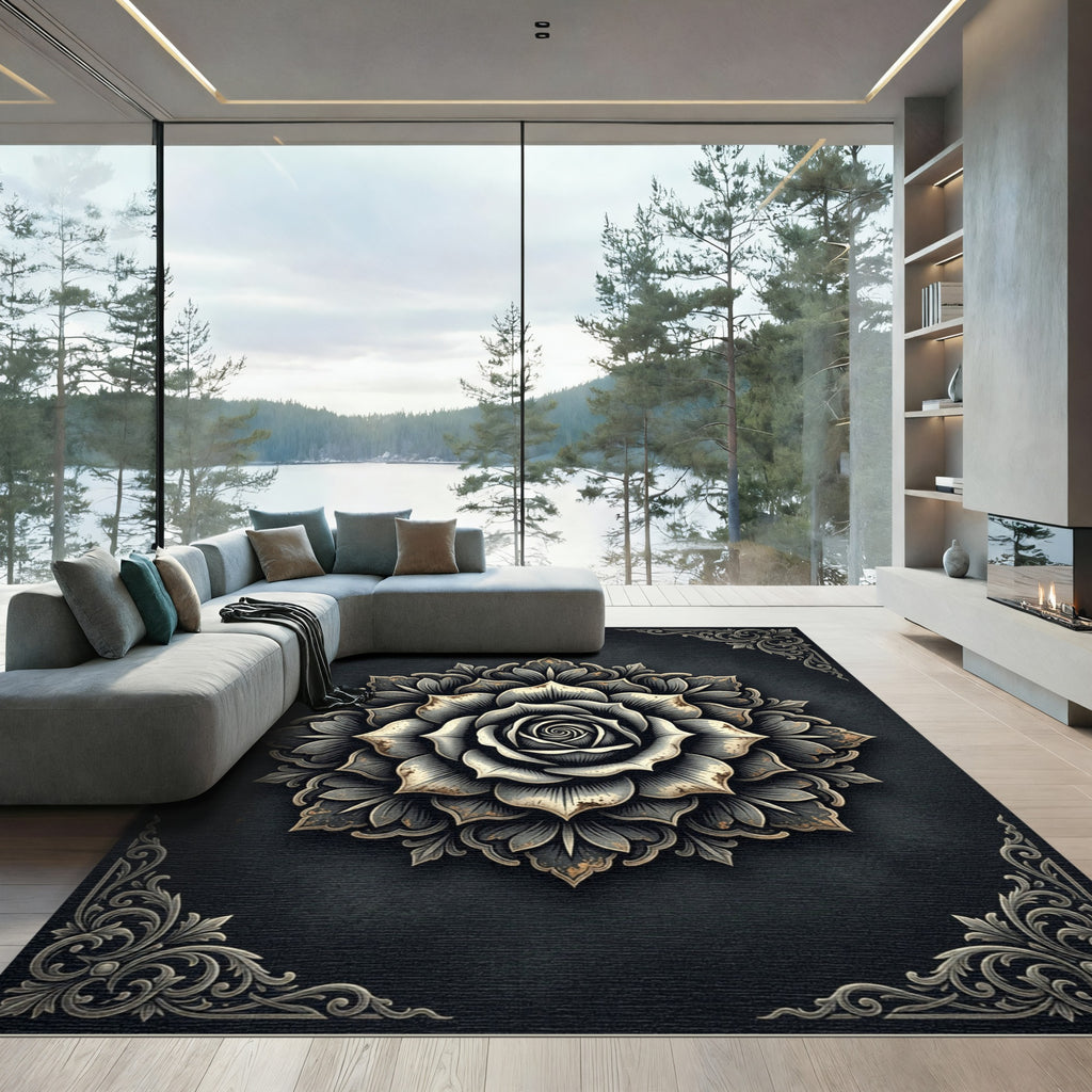 Ornate Monochrome Rose Mandala Medallion Rug