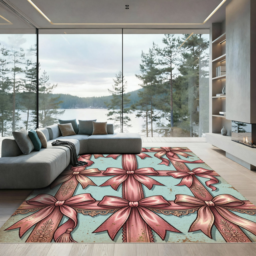 Vintage Pink Ribbon Pastel Grid Rug