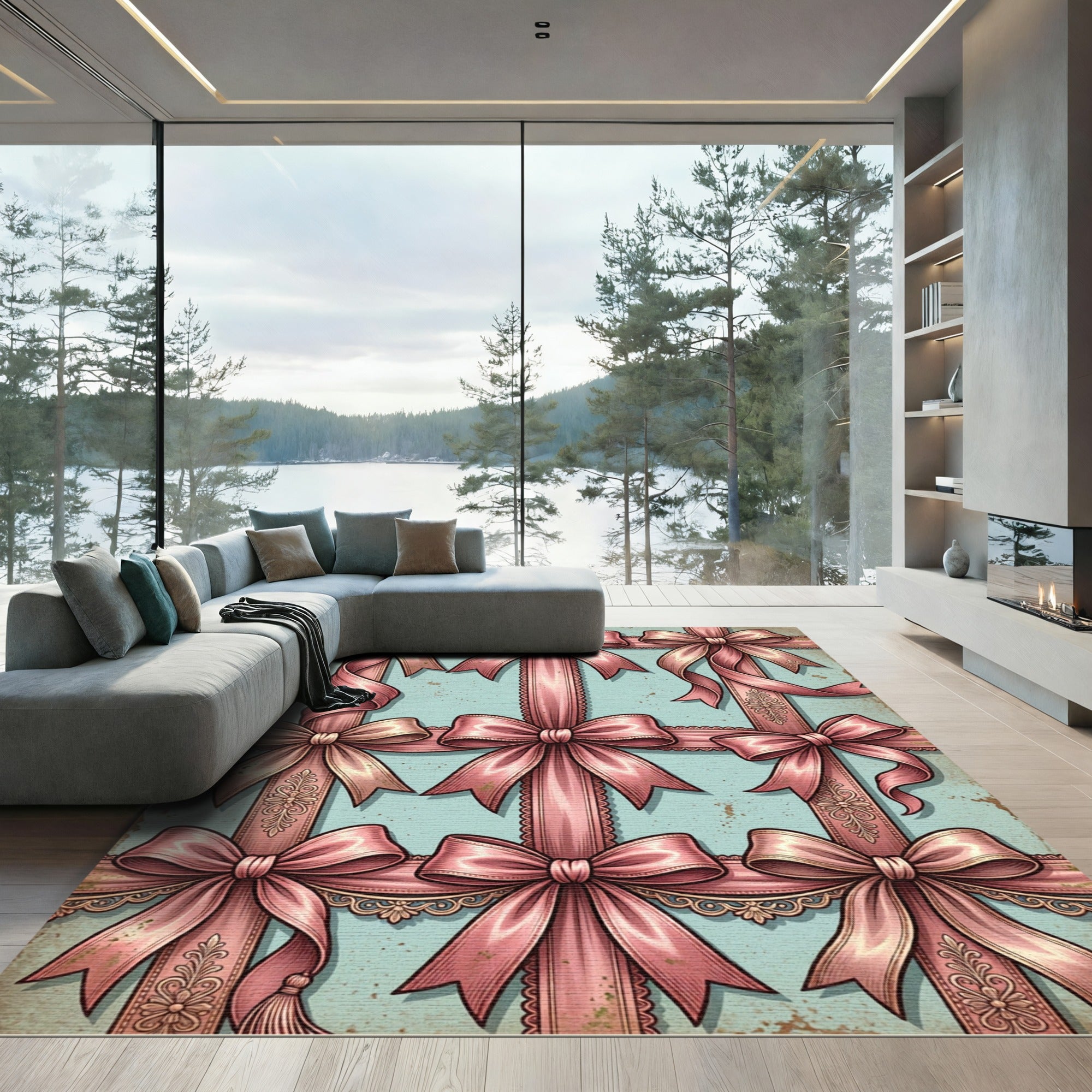 Vintage Pink Ribbon Pastel Grid Rug