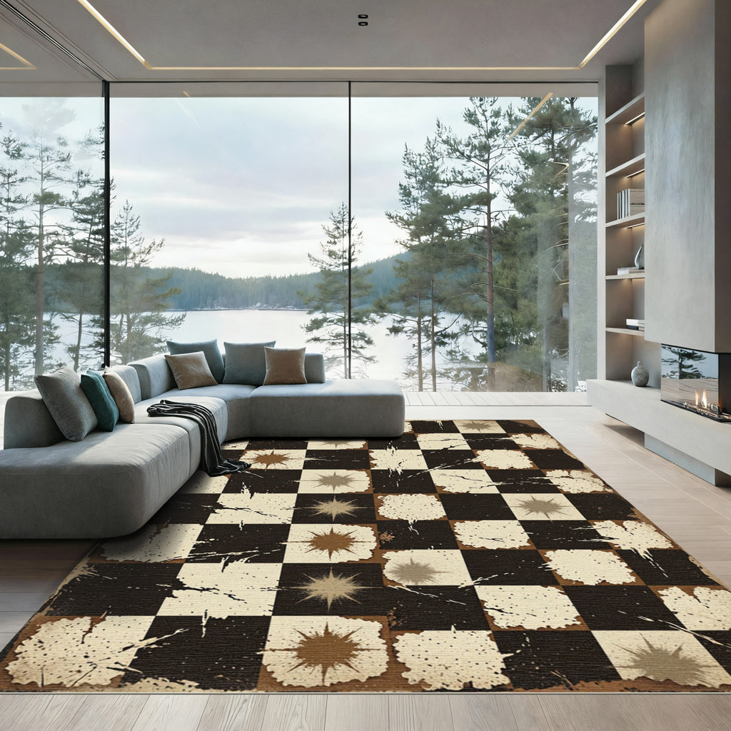 Distressed Monochrome Grid and Star Rug