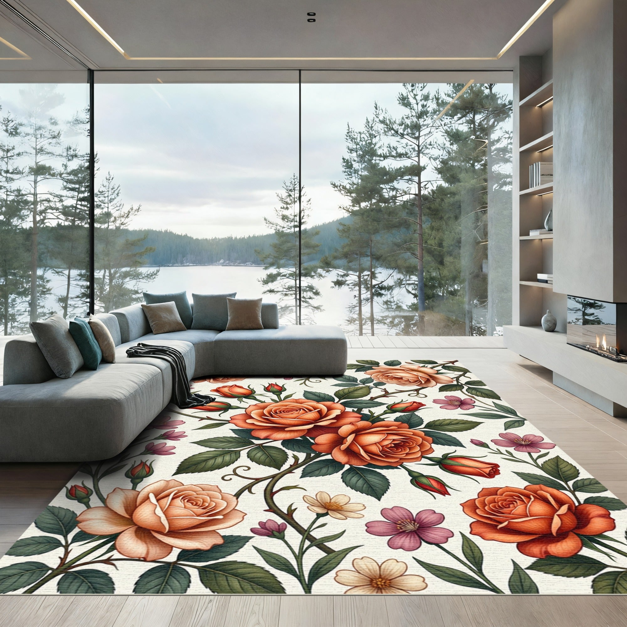 Coral Orange Rose Garland Pattern Rug