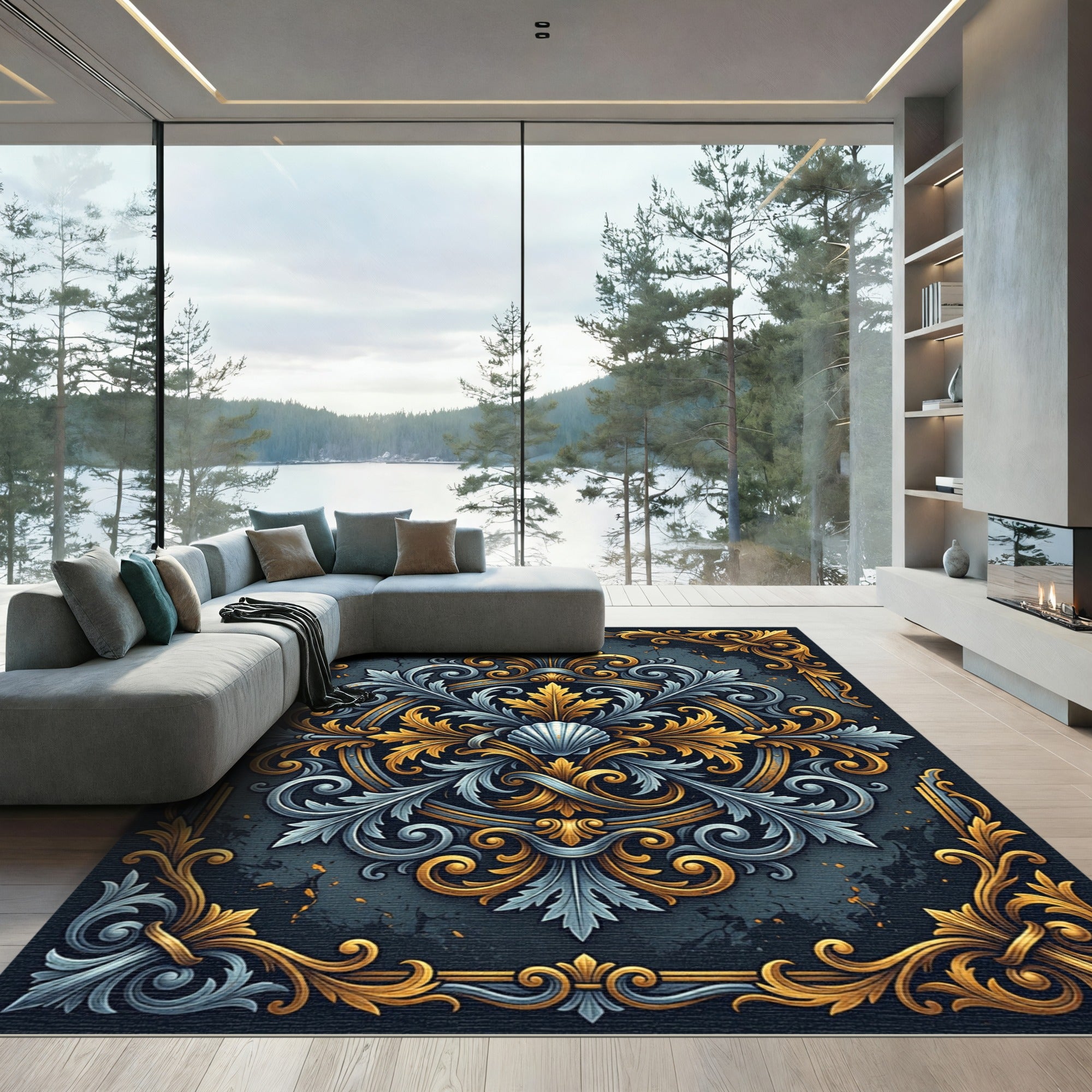 Ornate Gold and Silver Seashell Filigree Rug