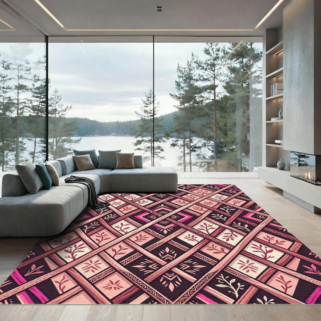 Warm Burgundy Boho Lattice Leaf Trellis Rug