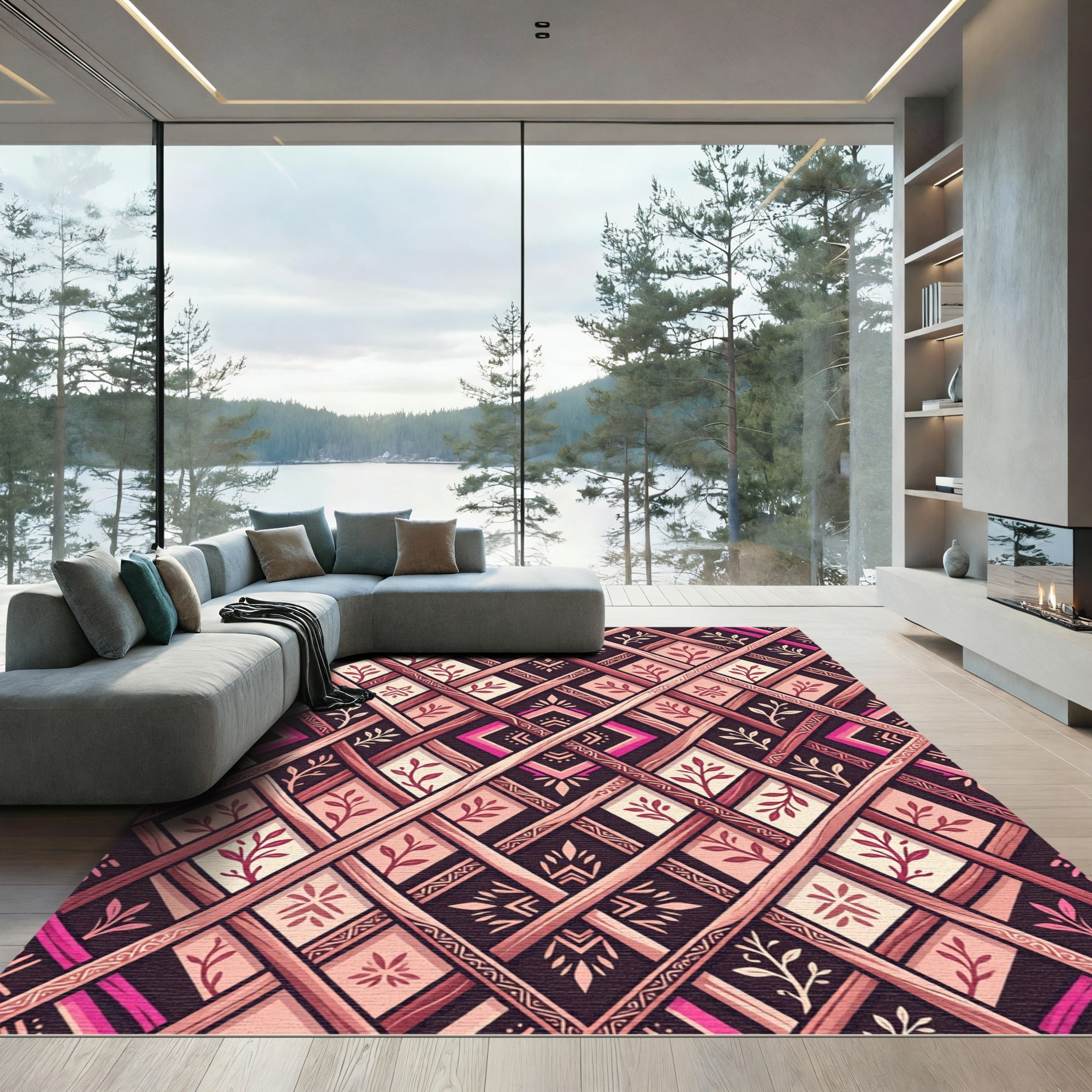 Warm Burgundy Boho Lattice Leaf Trellis Rug