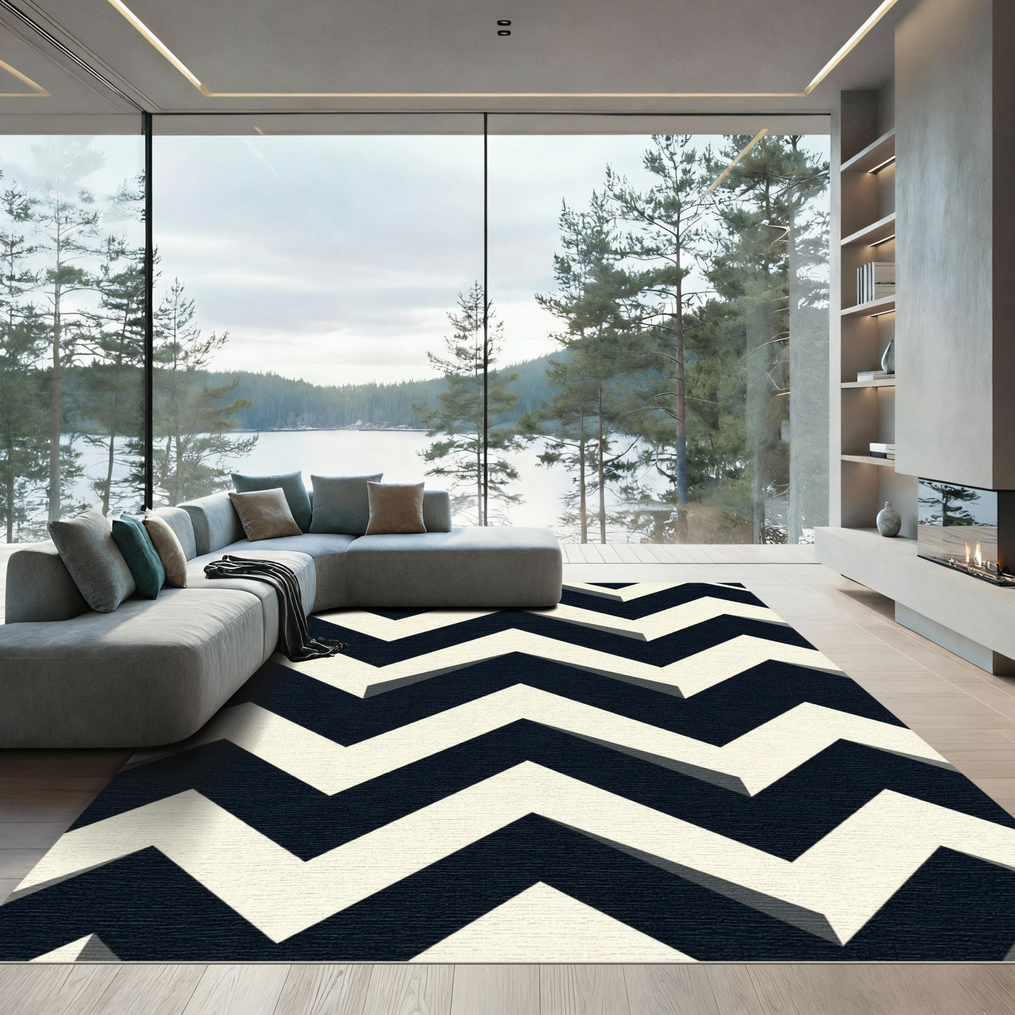 Bold Black White Chevron Stripe Rug