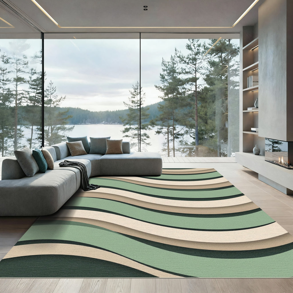 Sage Green Cream Layered Wavy Abstract Rug