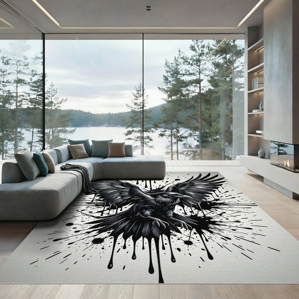 Gothic Raven Ink Splatter Black White Rug