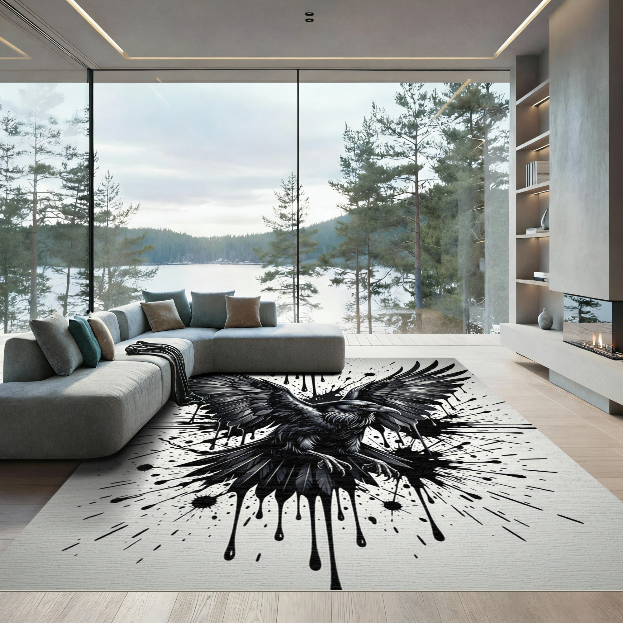 Gothic Raven Ink Splatter Black White Rug