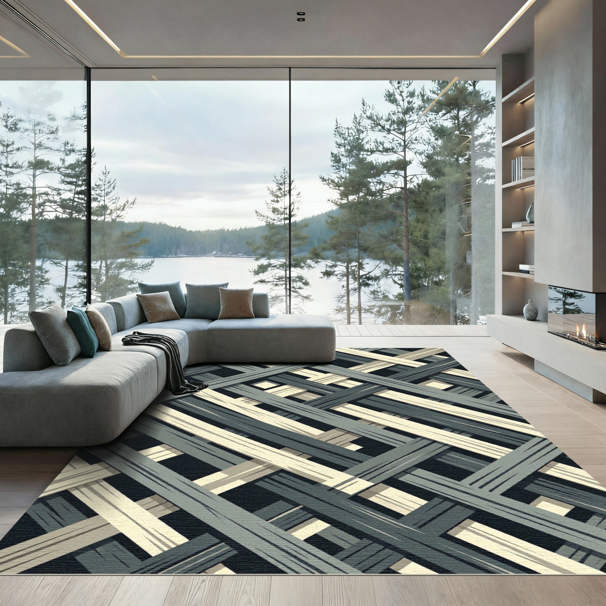Grey and Cream Interwoven Lines Rug