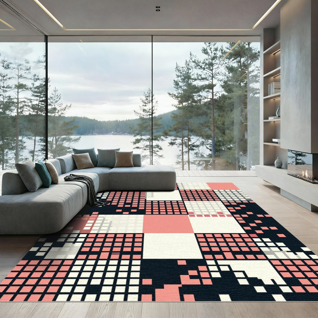 Modern Blush Pink Pixel Checkered Grid Rug