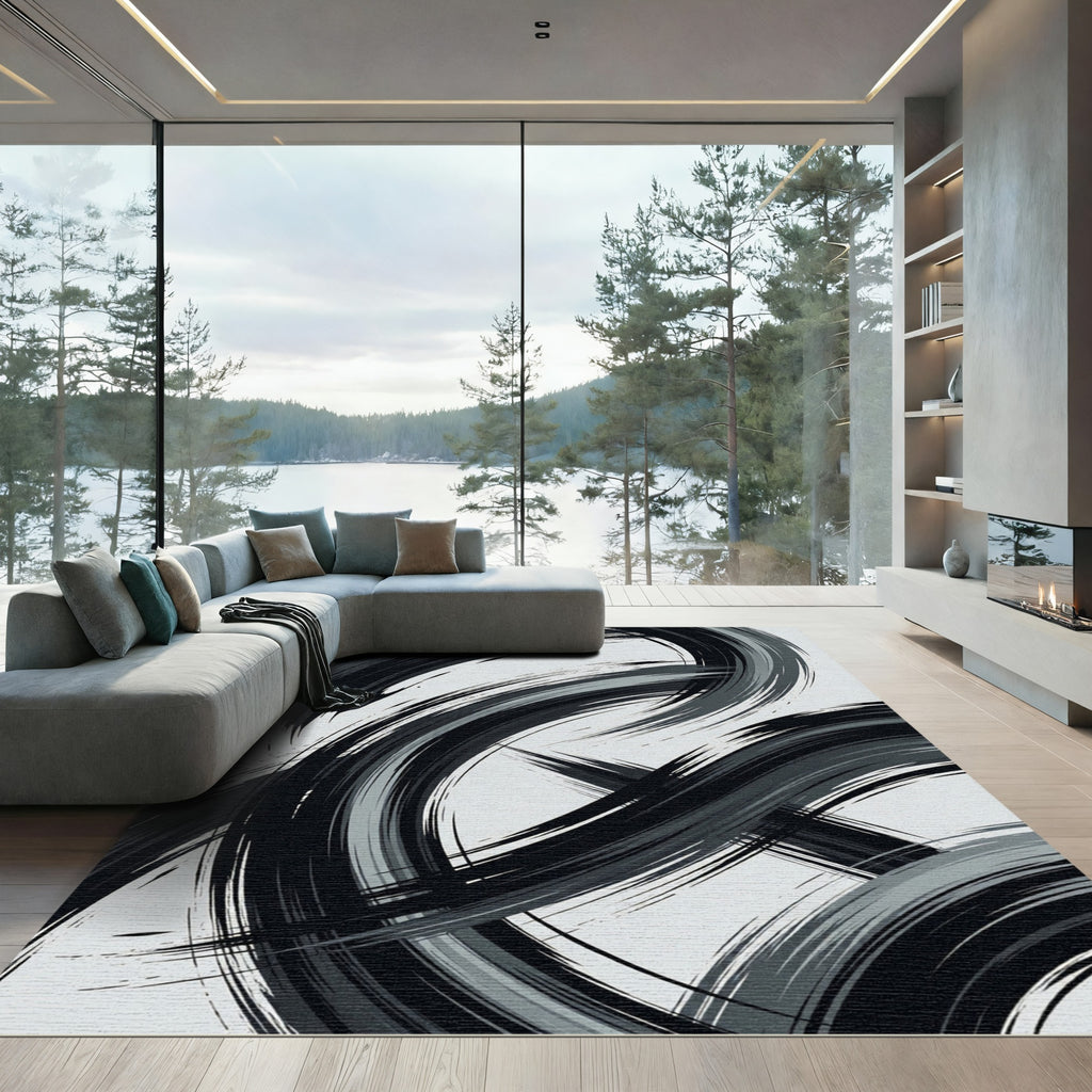 Monochromatic Abstract Swirl Brushstroke Rug