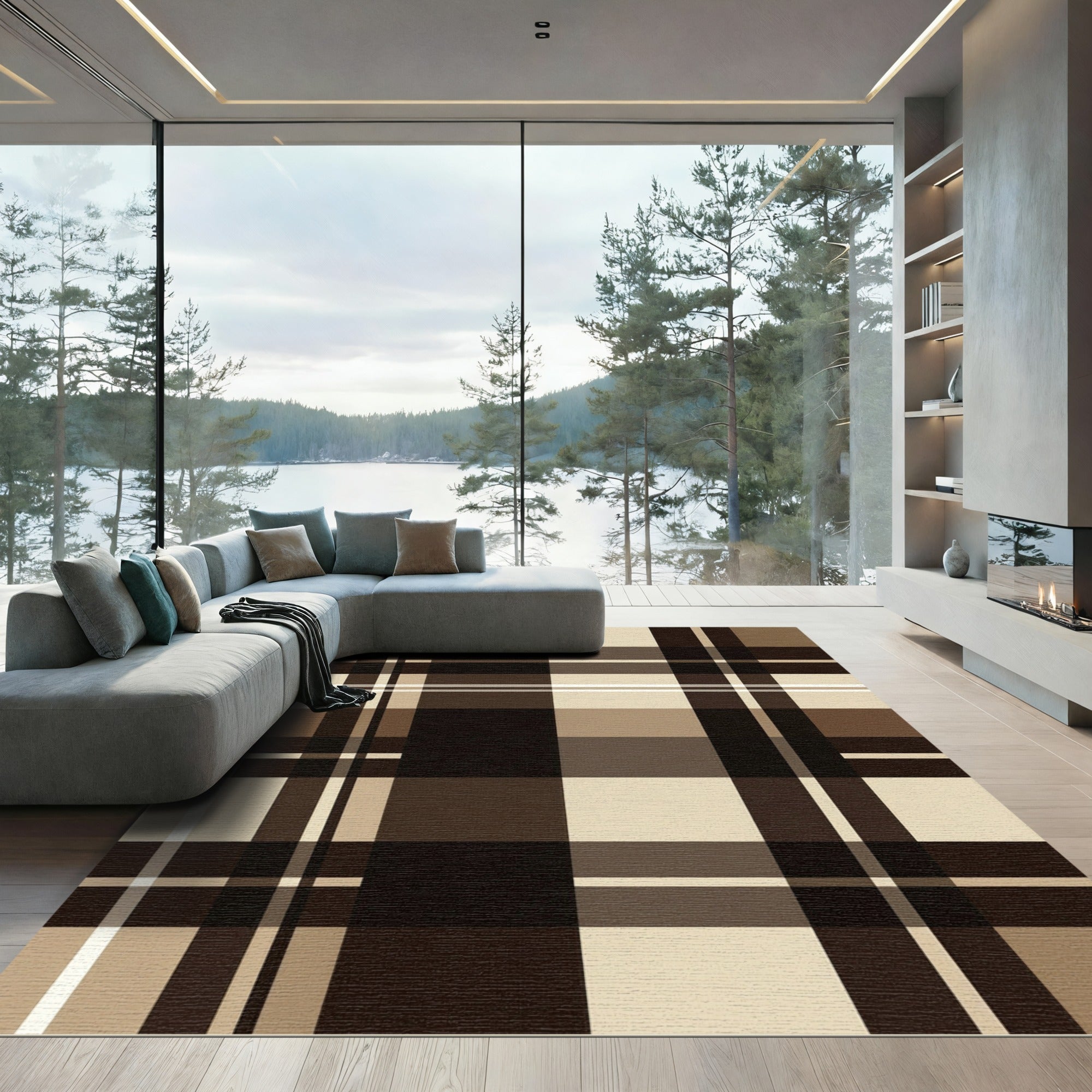 Modern Espresso and Cream Plaid Rug