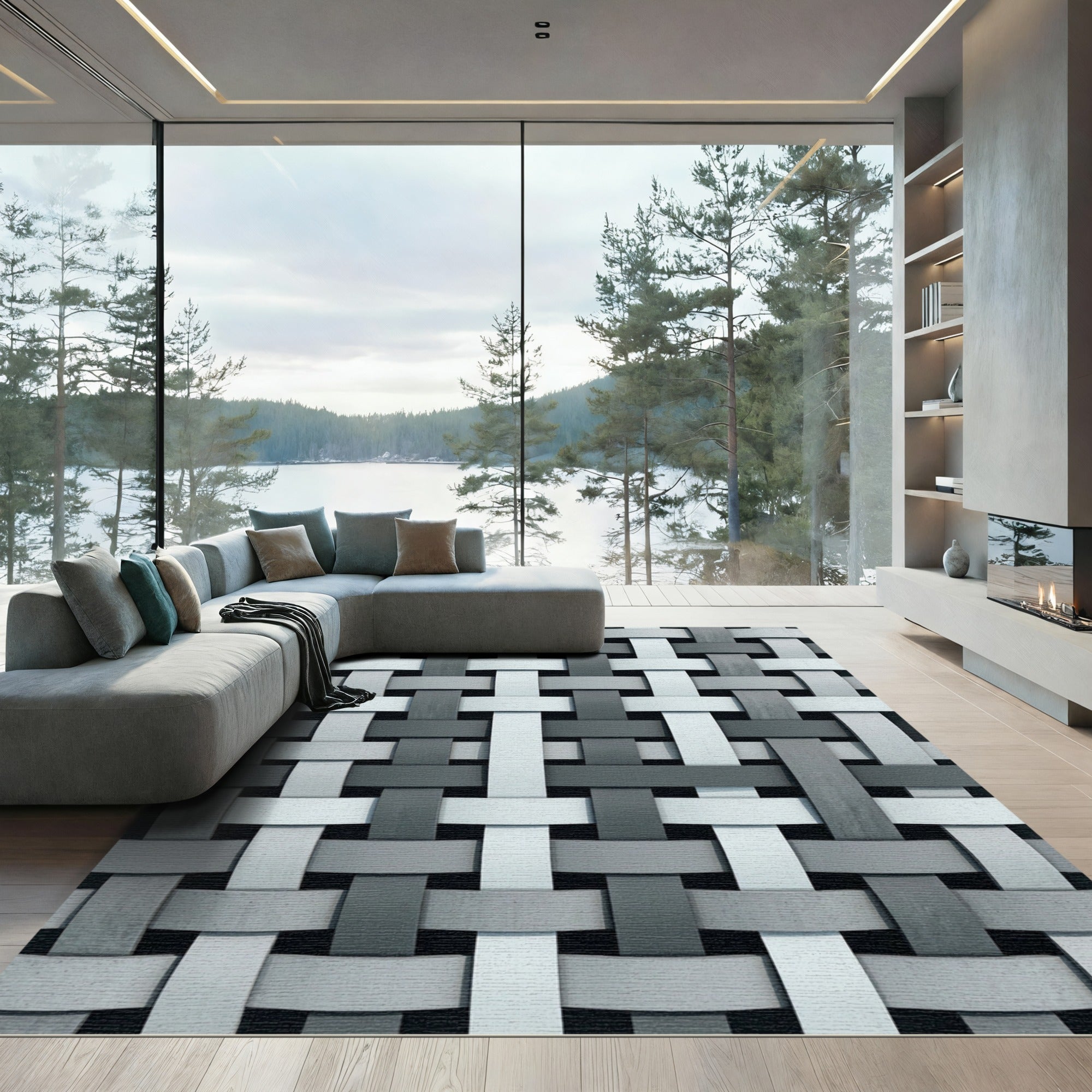 Minimalist Gray Woven Lattice Rug