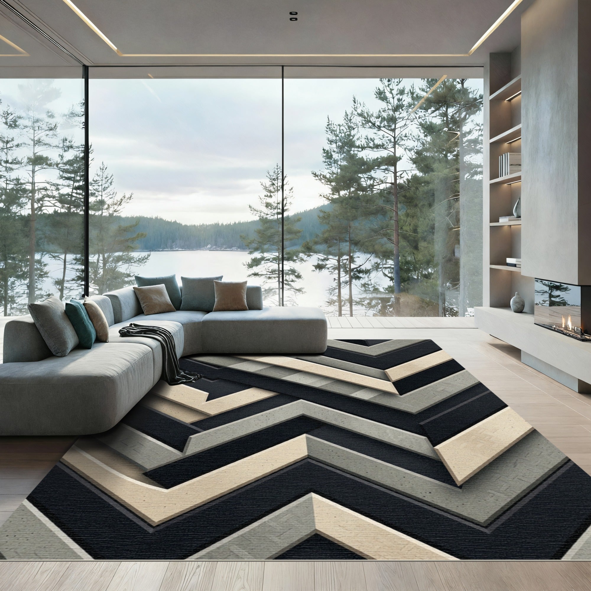 Monochrome Geometric Chevron Layered Art Rug