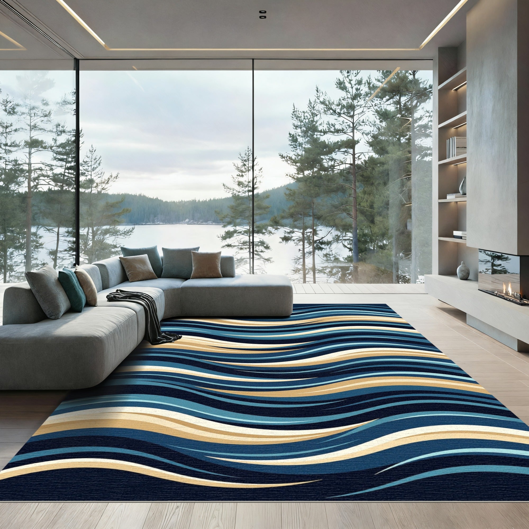 Deep Blue Golden Wave Flow Rug