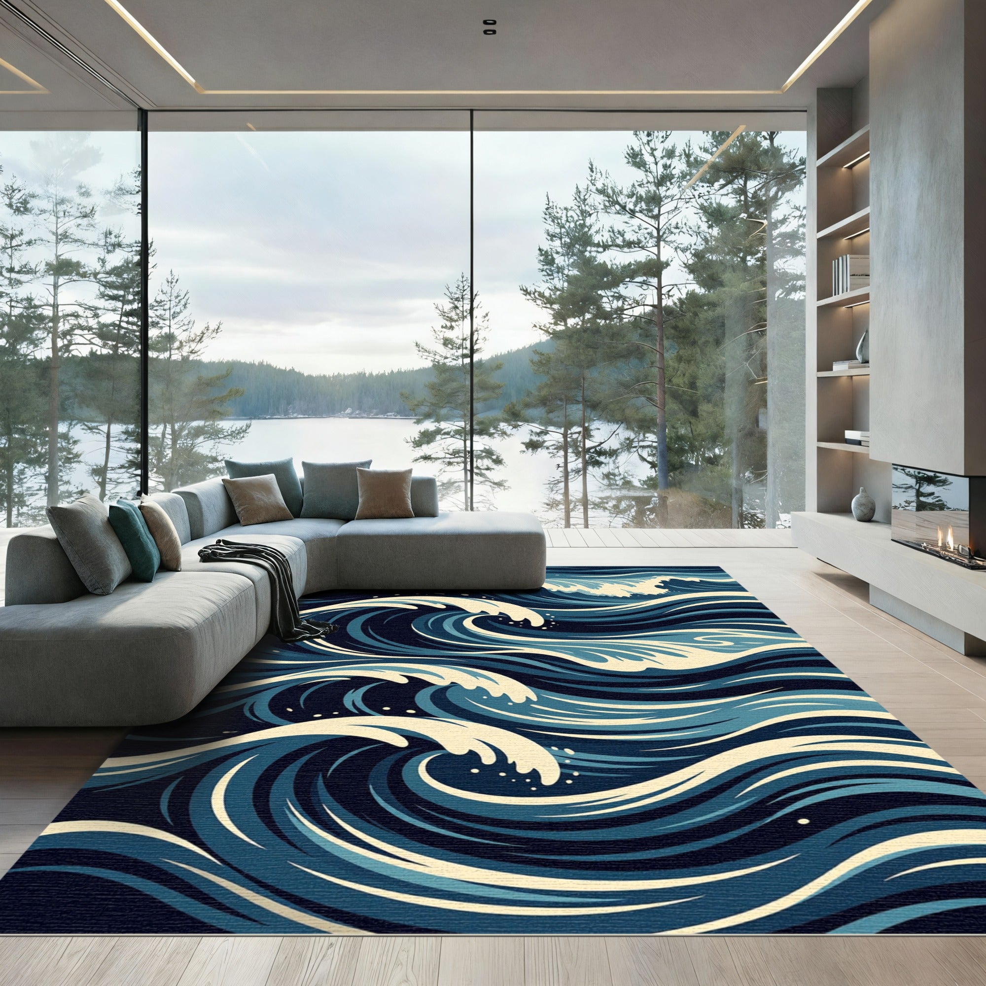 Deep Blue Oceanic Wave Cascade Rug