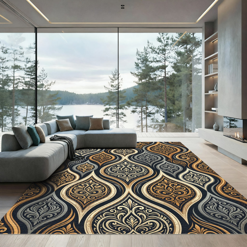Elegant Gold and Charcoal Filigree Damask Rug