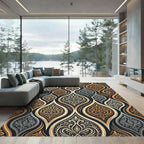 Elegant Gold and Charcoal Filigree Damask Rug