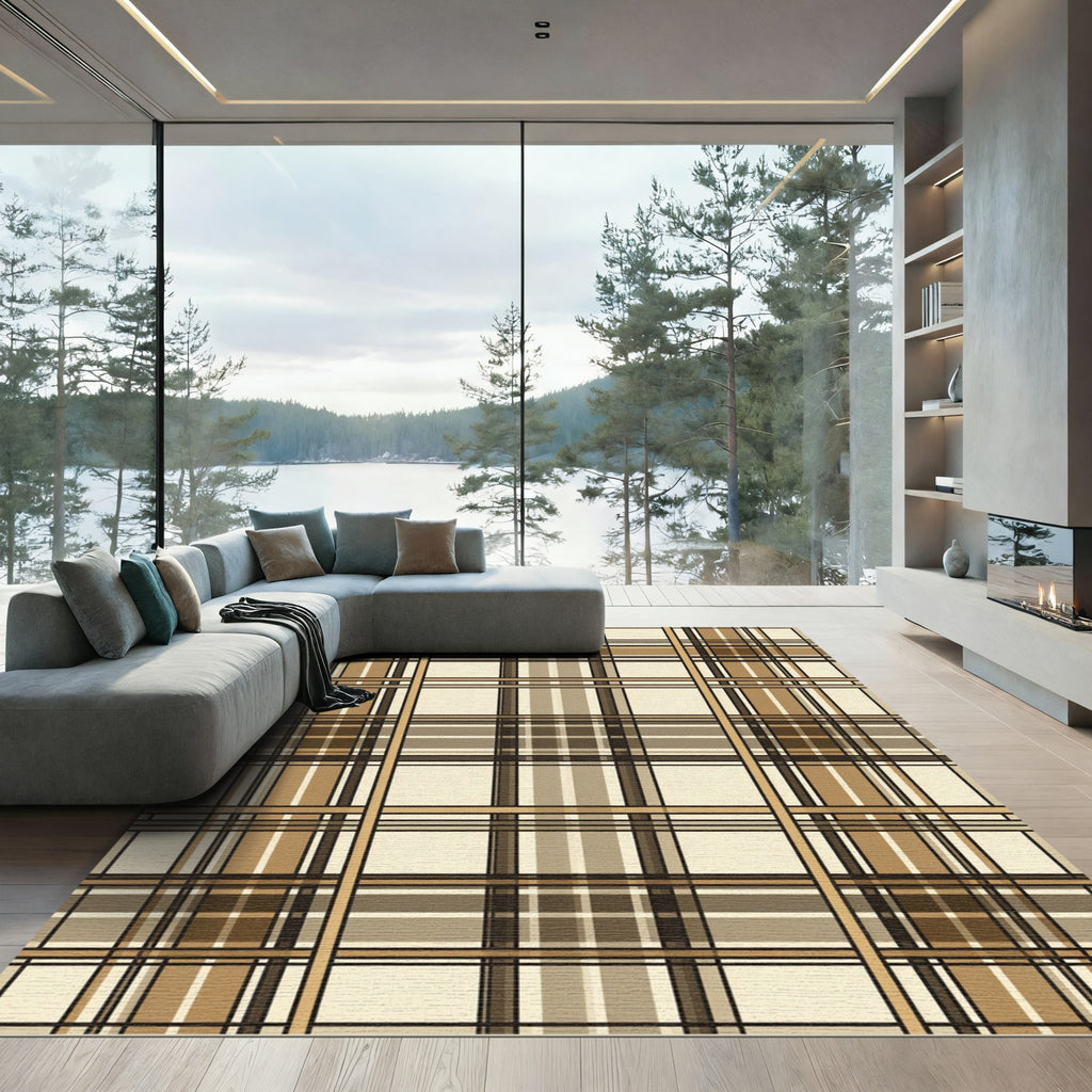 Sophisticated Neutral Plaid Grid Check Rug
