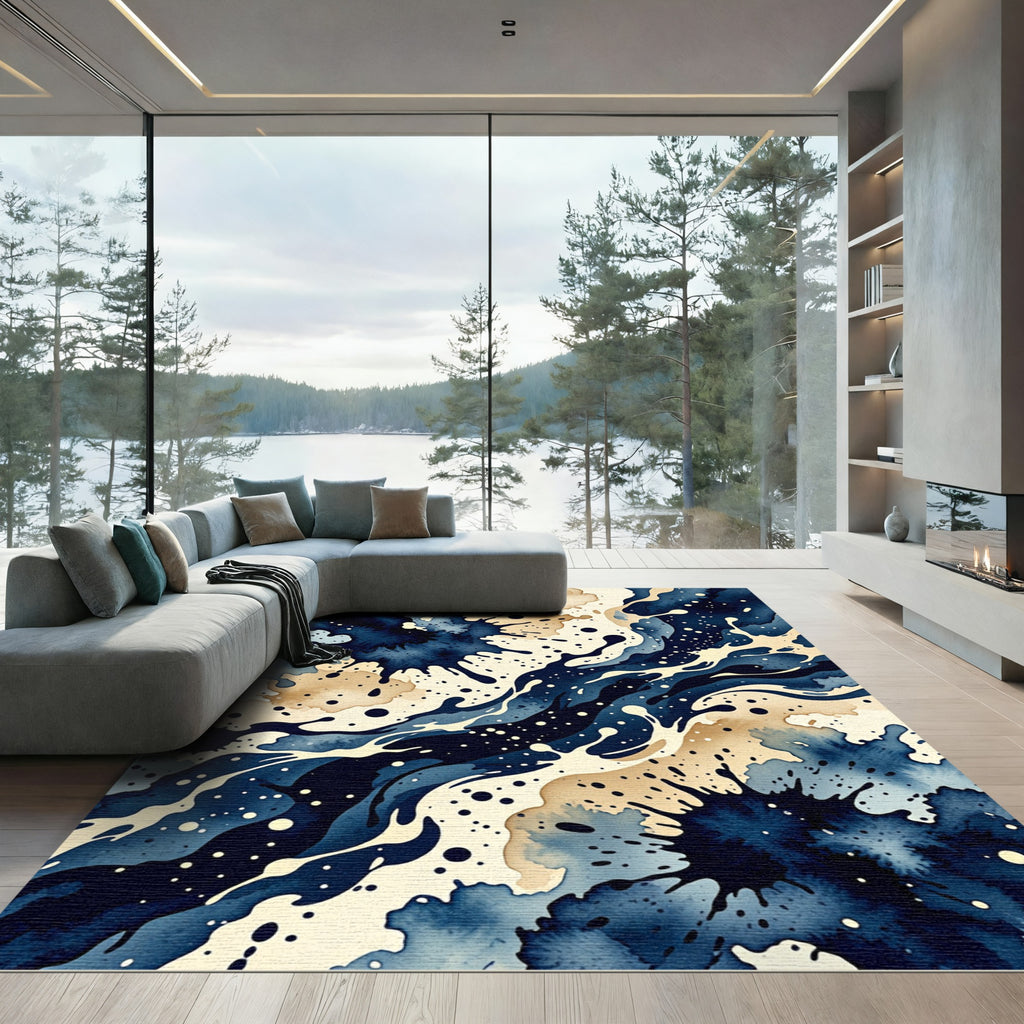 Deep Blue Ink Splash Watercolor Rug