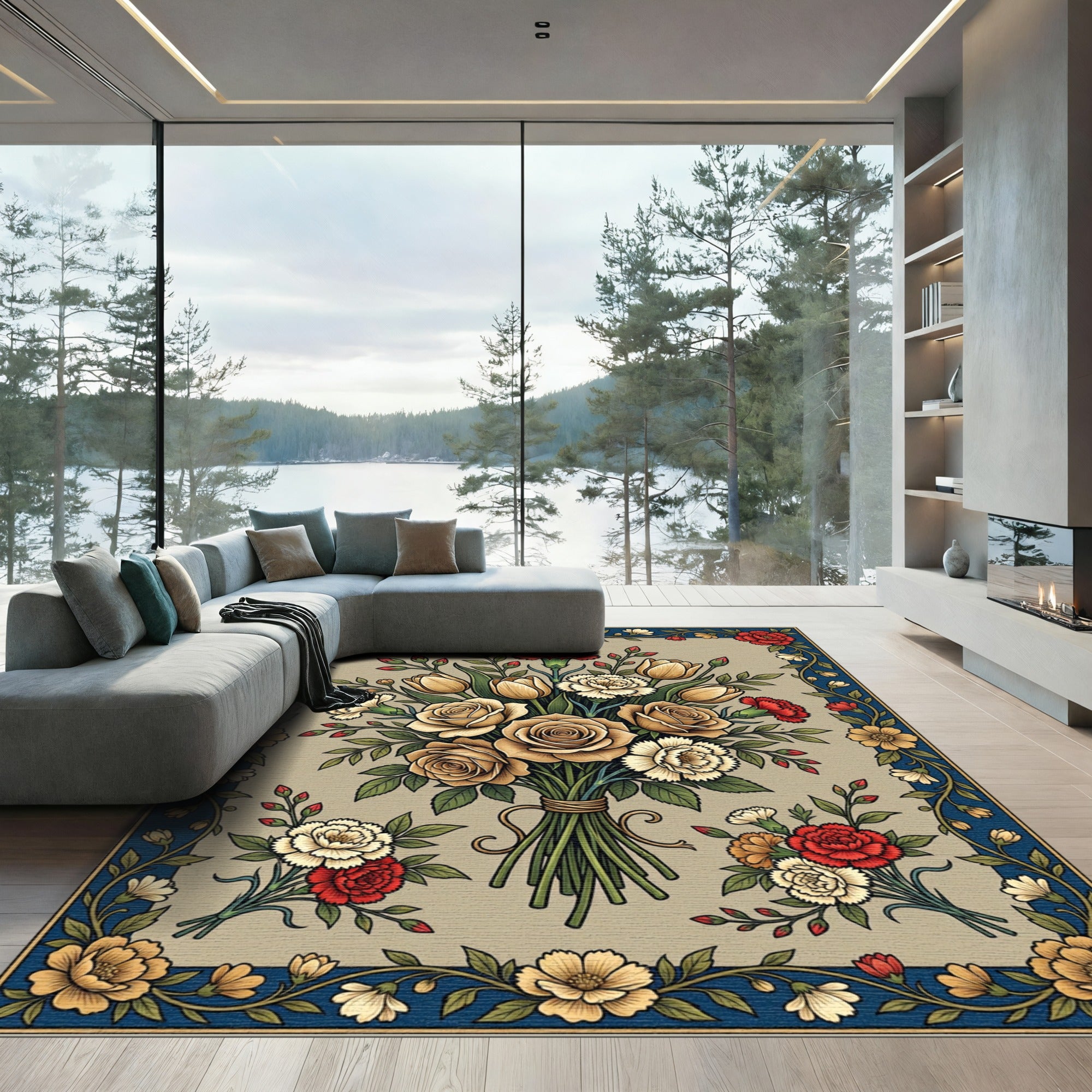 Gold Rose Tulip Carnation Bouquet Rug