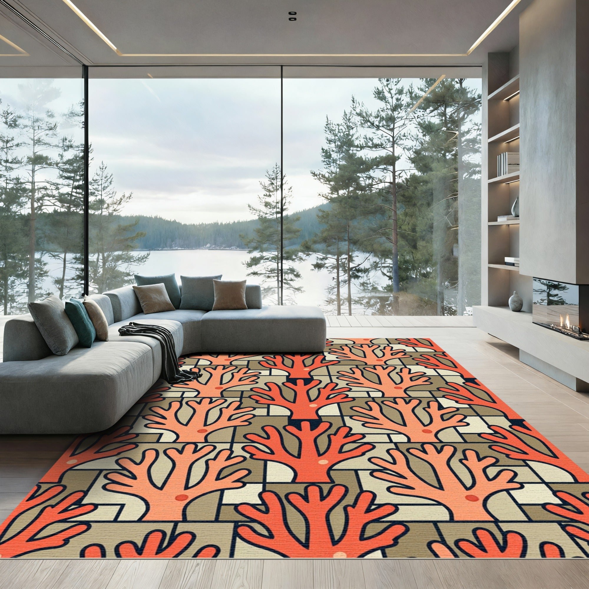 Coral Branch Geometric Tile Rug