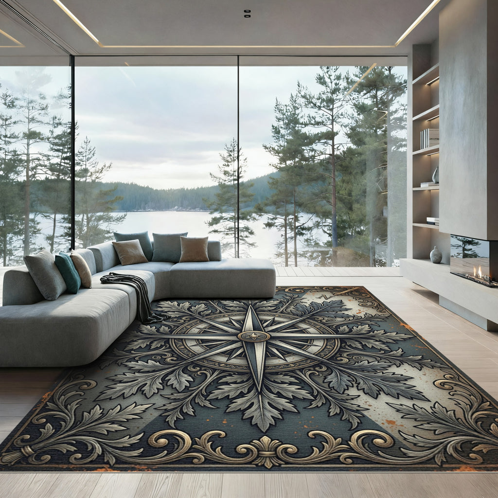 Ornate Gray Acanthus Compass Star Rug