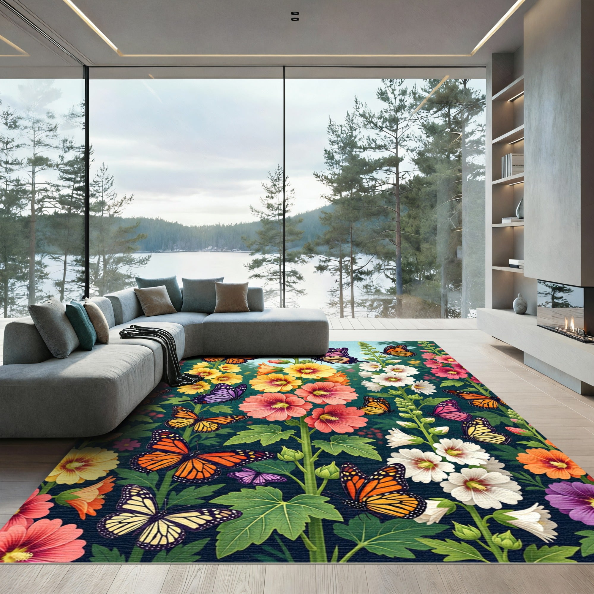 Vibrant Butterfly and Hollyhock Garden Rug