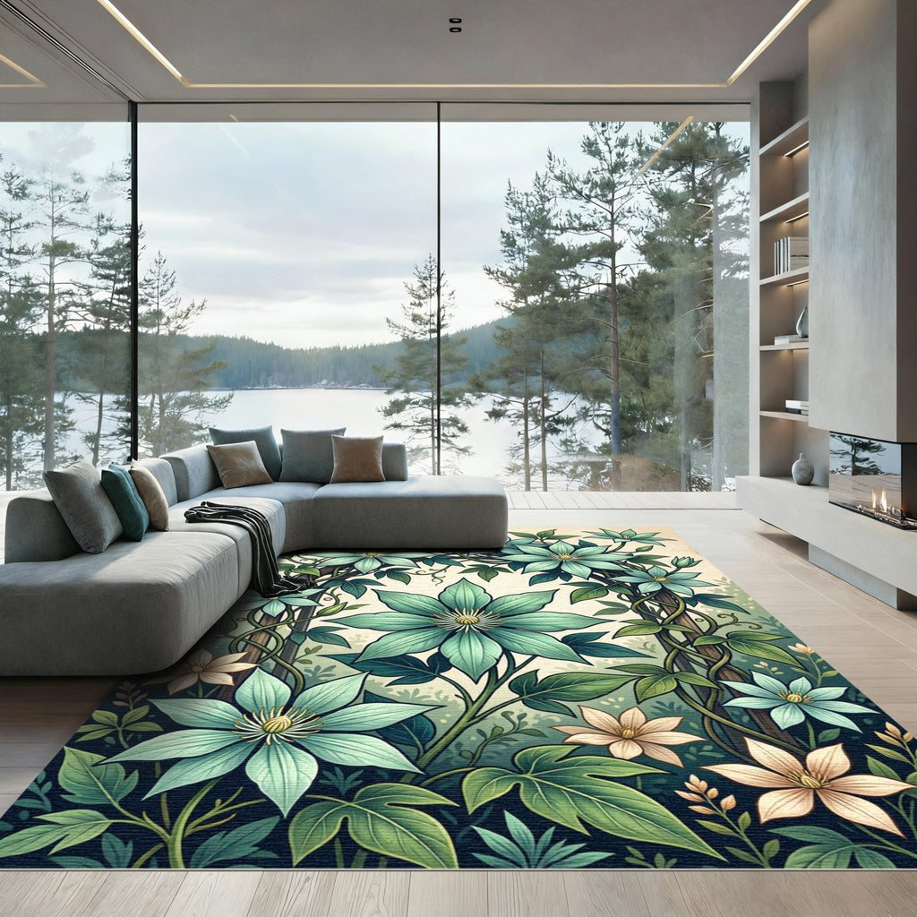 Botanical Teal Clematis Vine Garden Rug