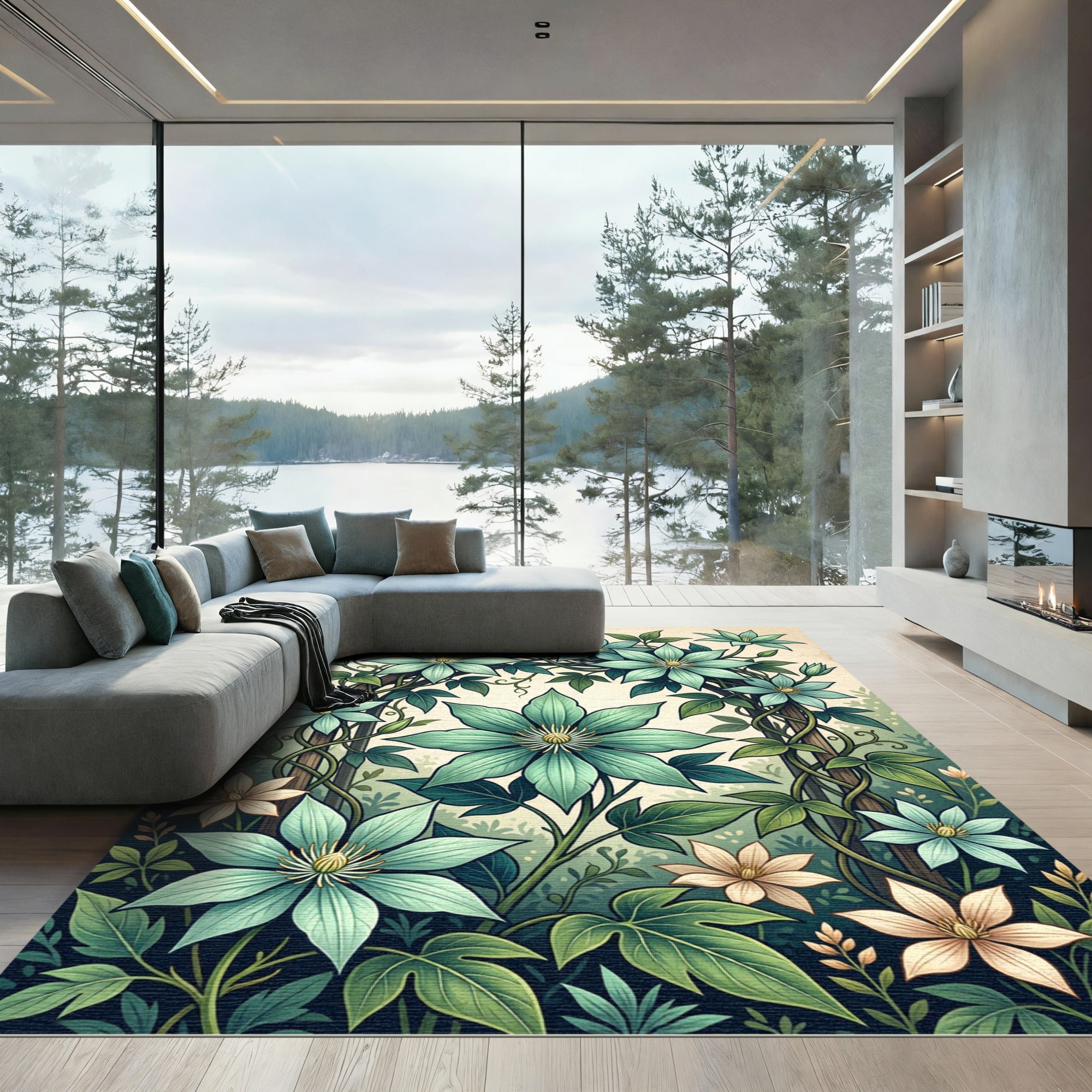 Botanical Teal Clematis Vine Garden Rug