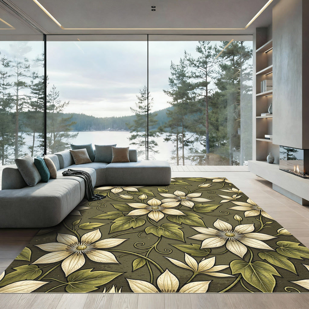 Elegant Olive Cream Clematis Floral Rug
