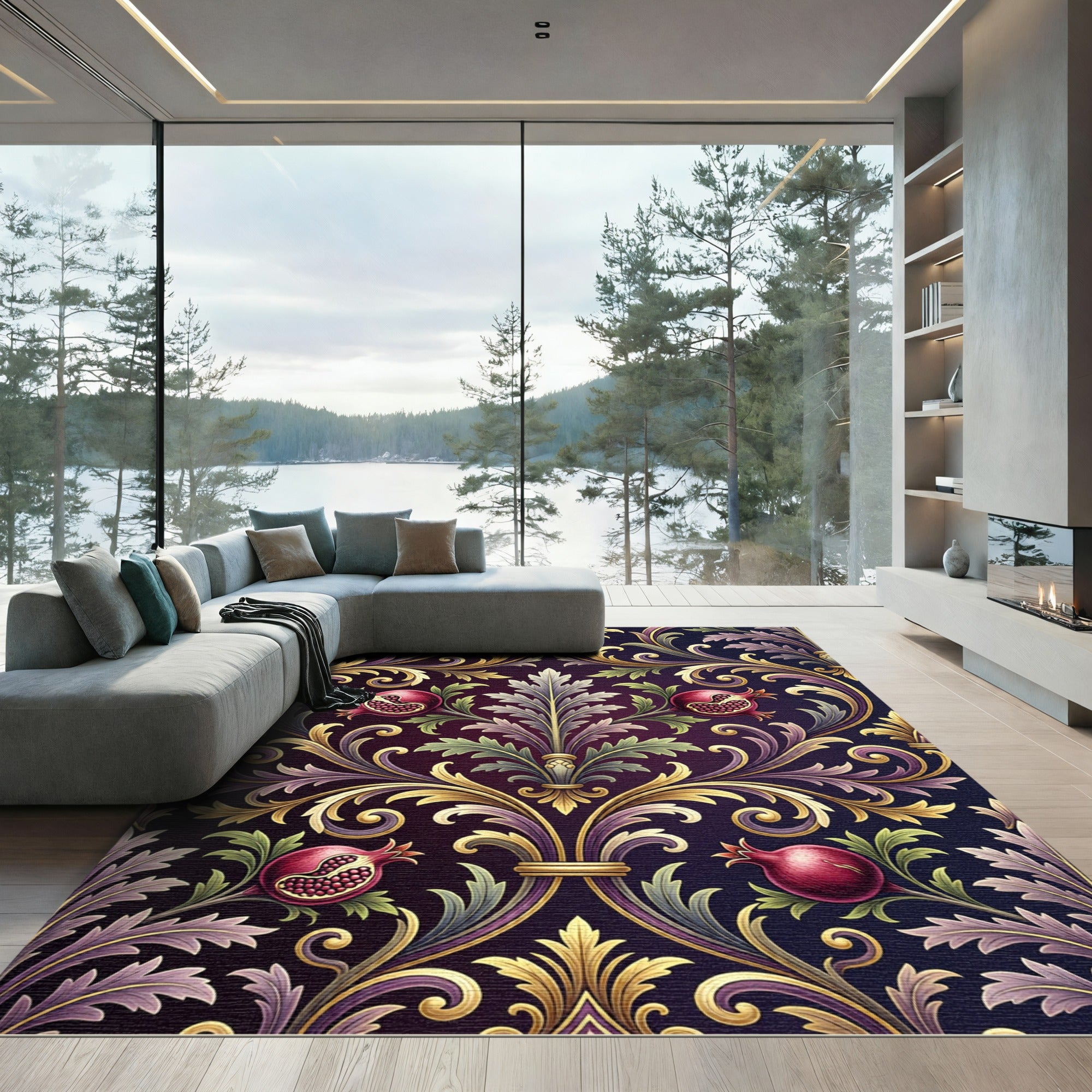 Rich Pomegranate Damask Acanthus Rug