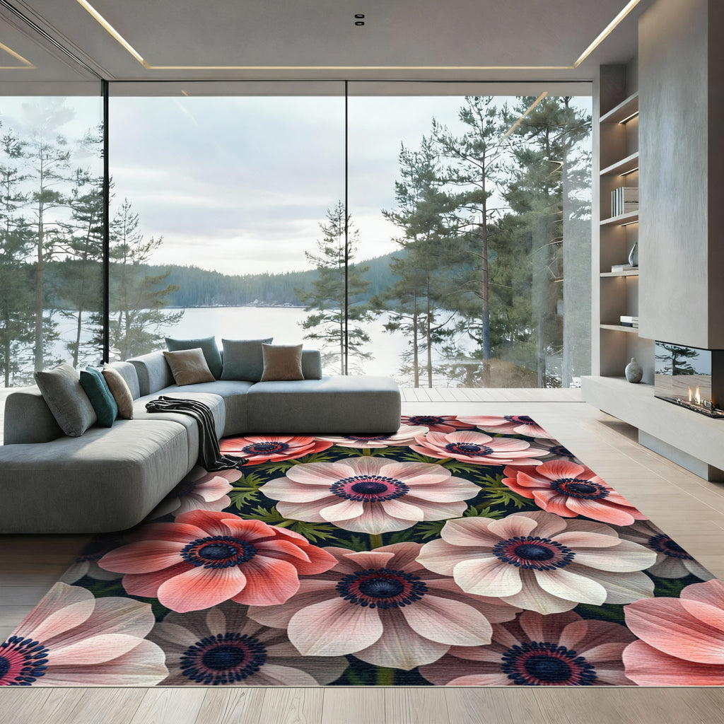 Elegant Pink Anemone Floral Botanical Canvas Rug