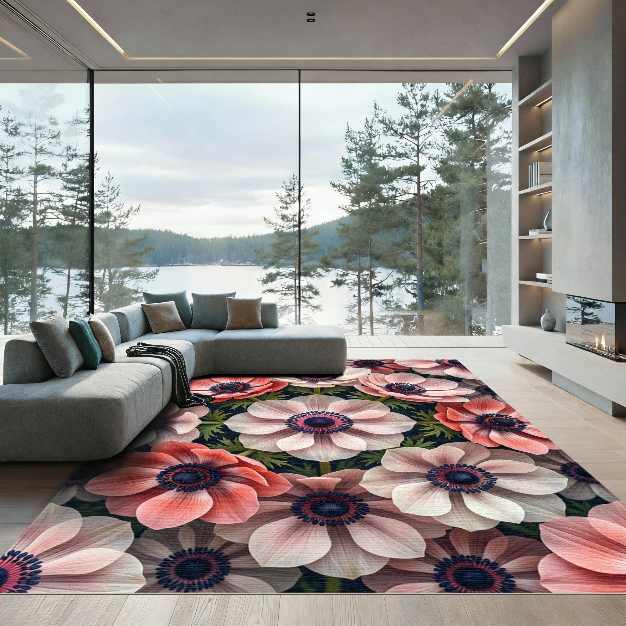 Elegant Pink Anemone Floral Botanical Canvas Rug