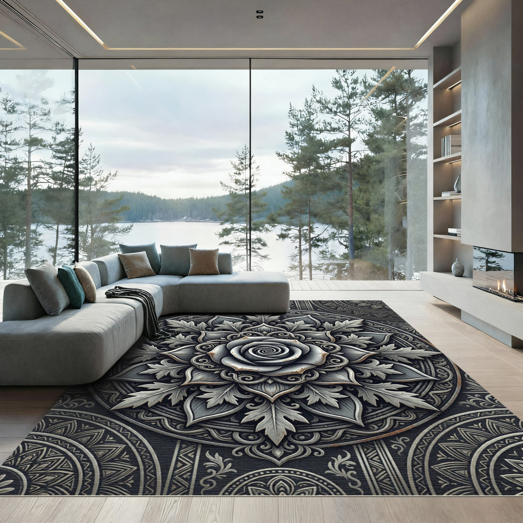 Monochrome Metallic Rose Floral Medallion Rug