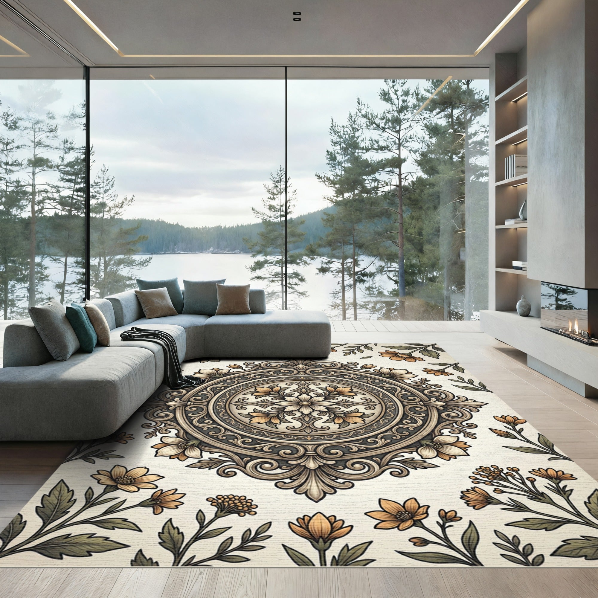 Vintage Floral Medallion Antique Gold Rug