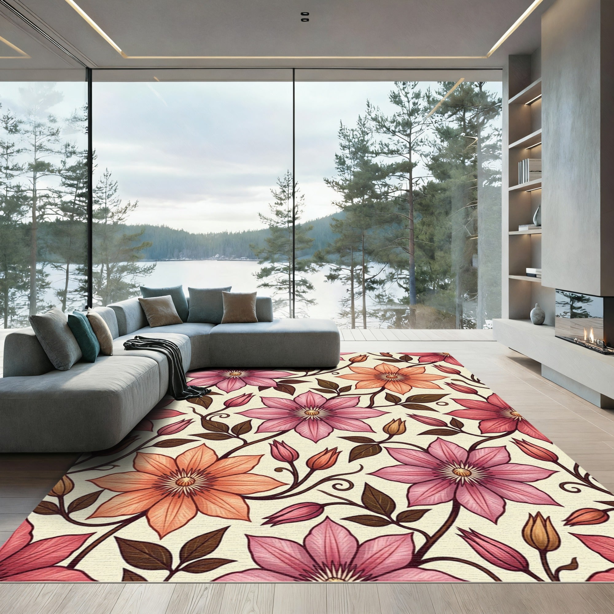Elegant Pink Orange Clematis Floral Rug