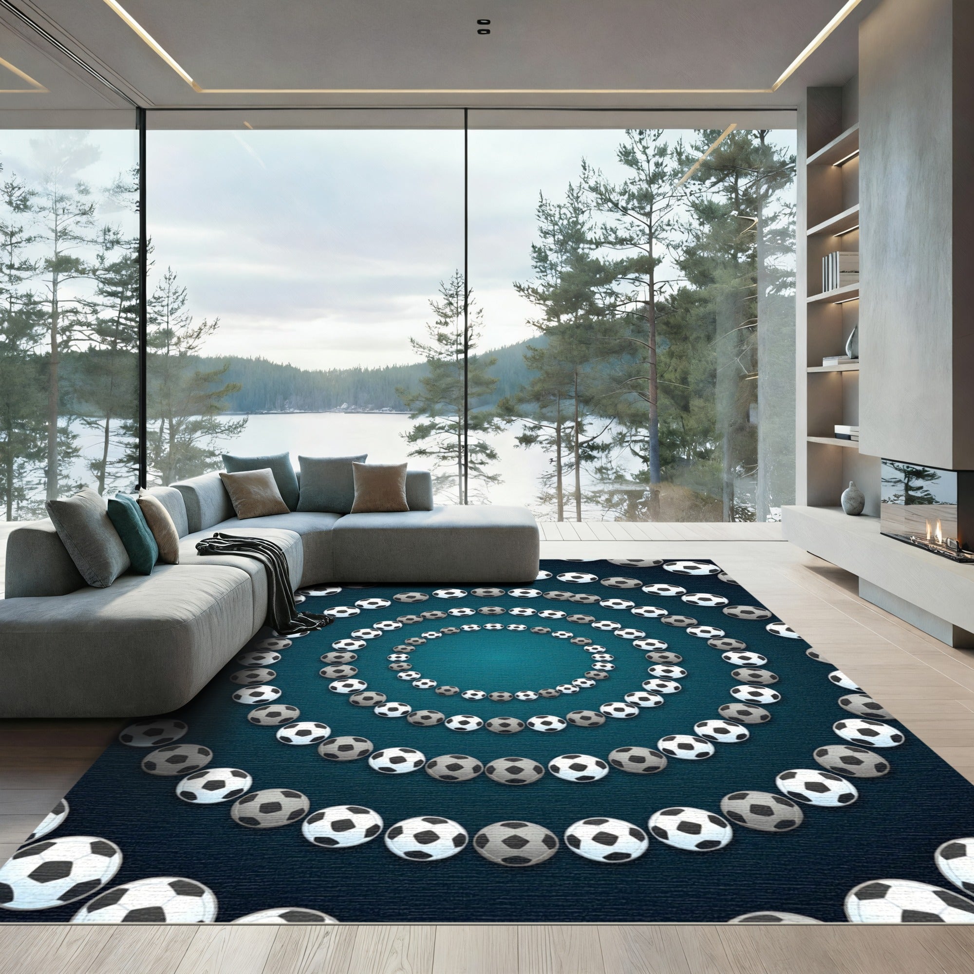 Radiant Soccer Ball Circular Teal Backdrop Rug