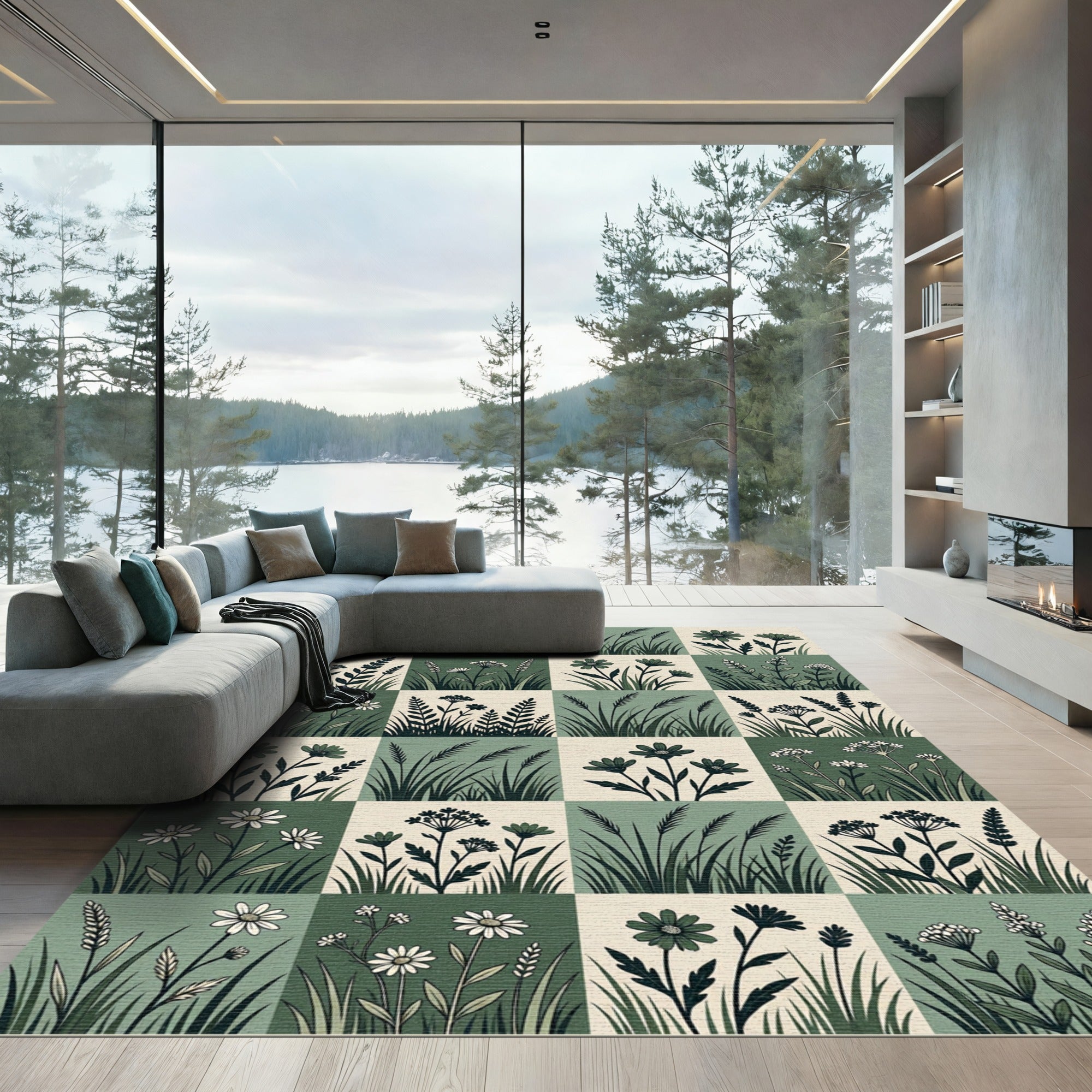 Green Daisy Grass Meadow Composition Rug