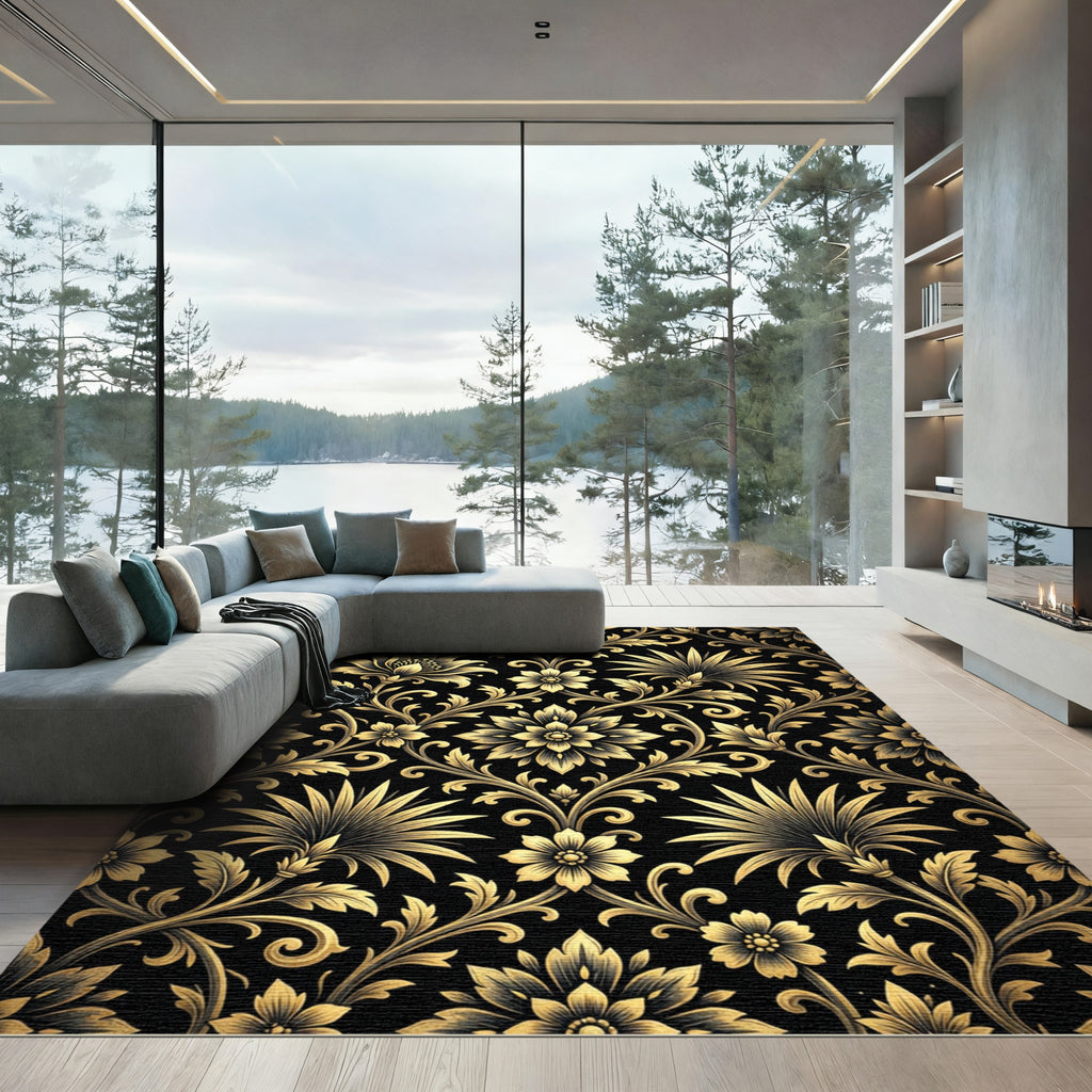 Elegant Gold Floral Damask Botanical Black Rug