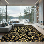 Elegant Gold Floral Damask Botanical Black Rug