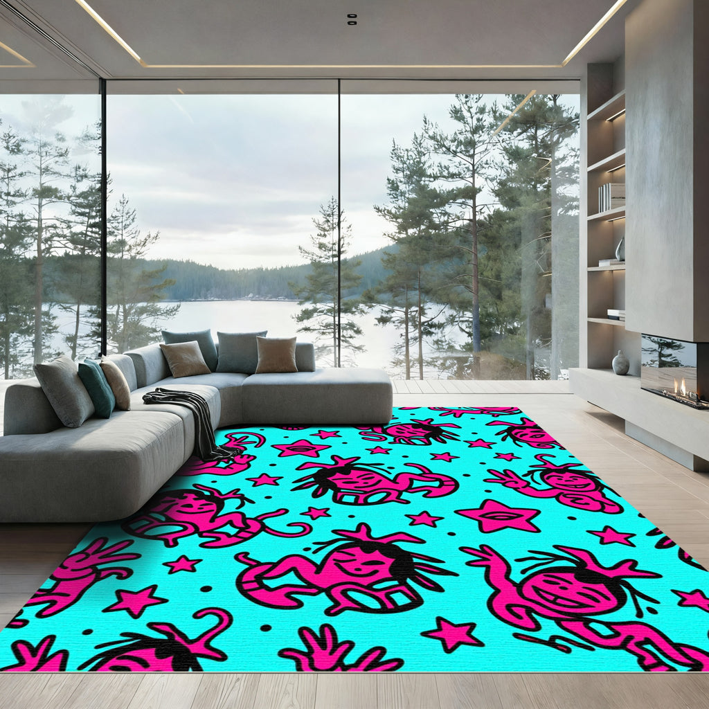 Vibrant Pink Figures Amidst Stars Rug