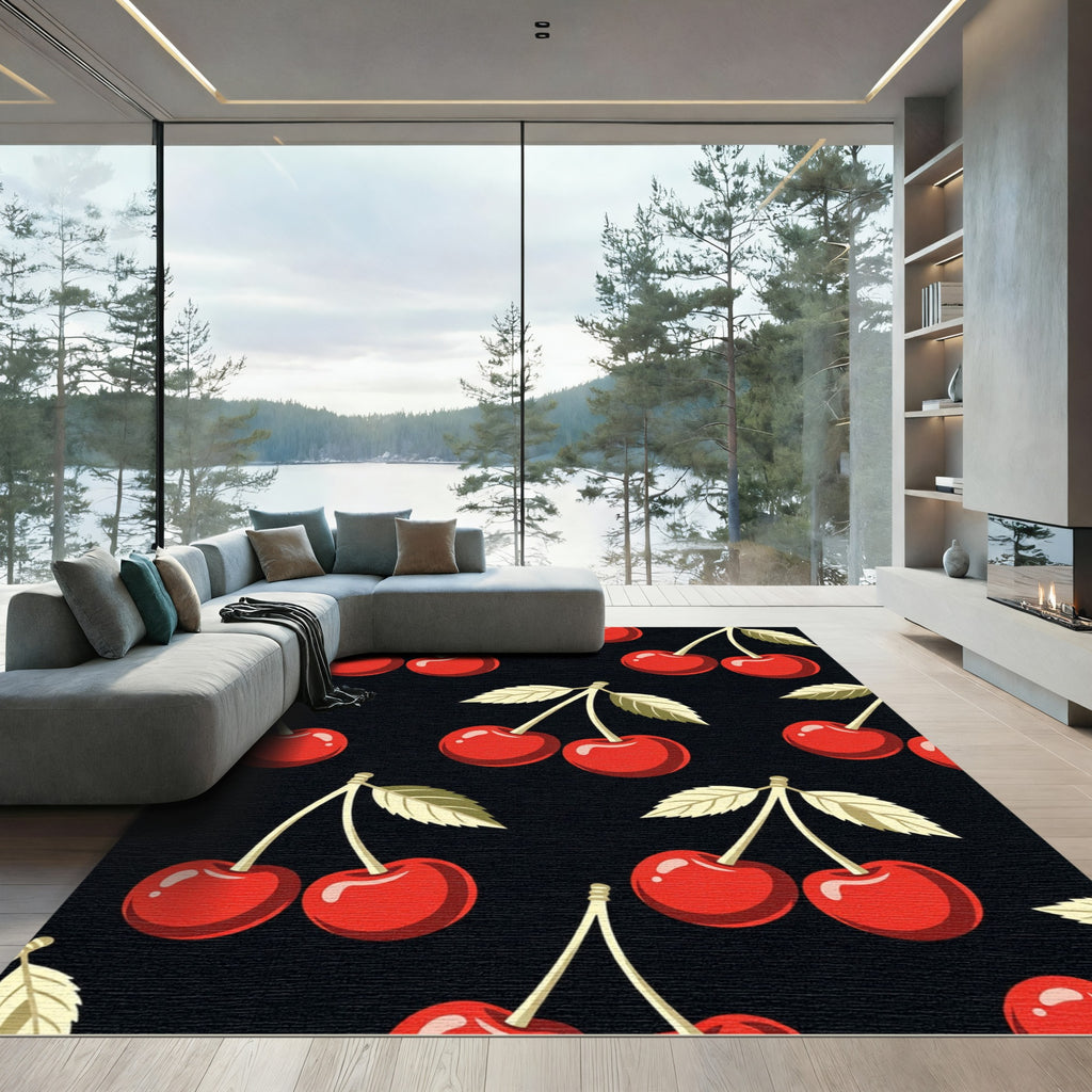 Vintage Red Cherry Black Background Rug