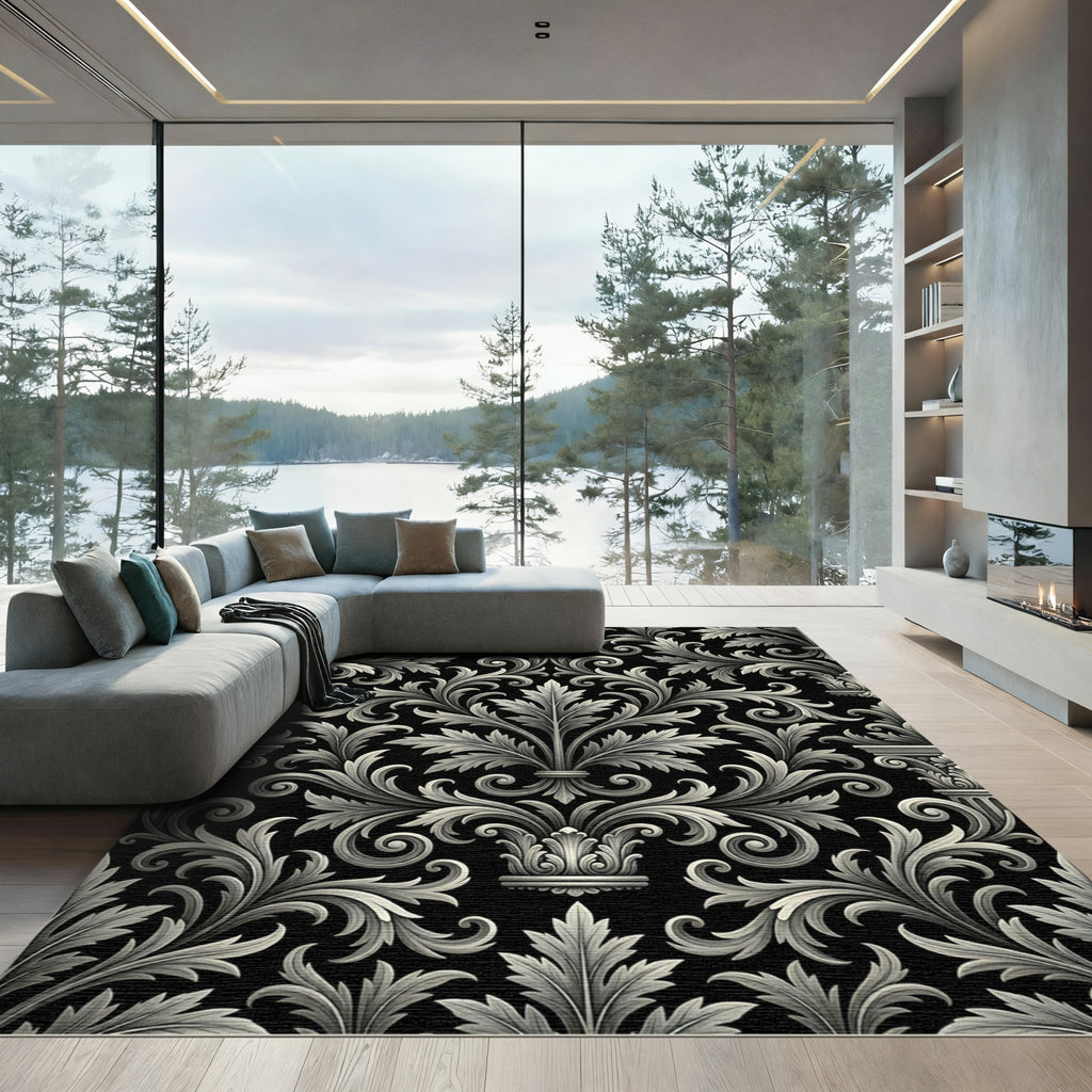 White Acanthus Scrollwork Classic Medallion Rug